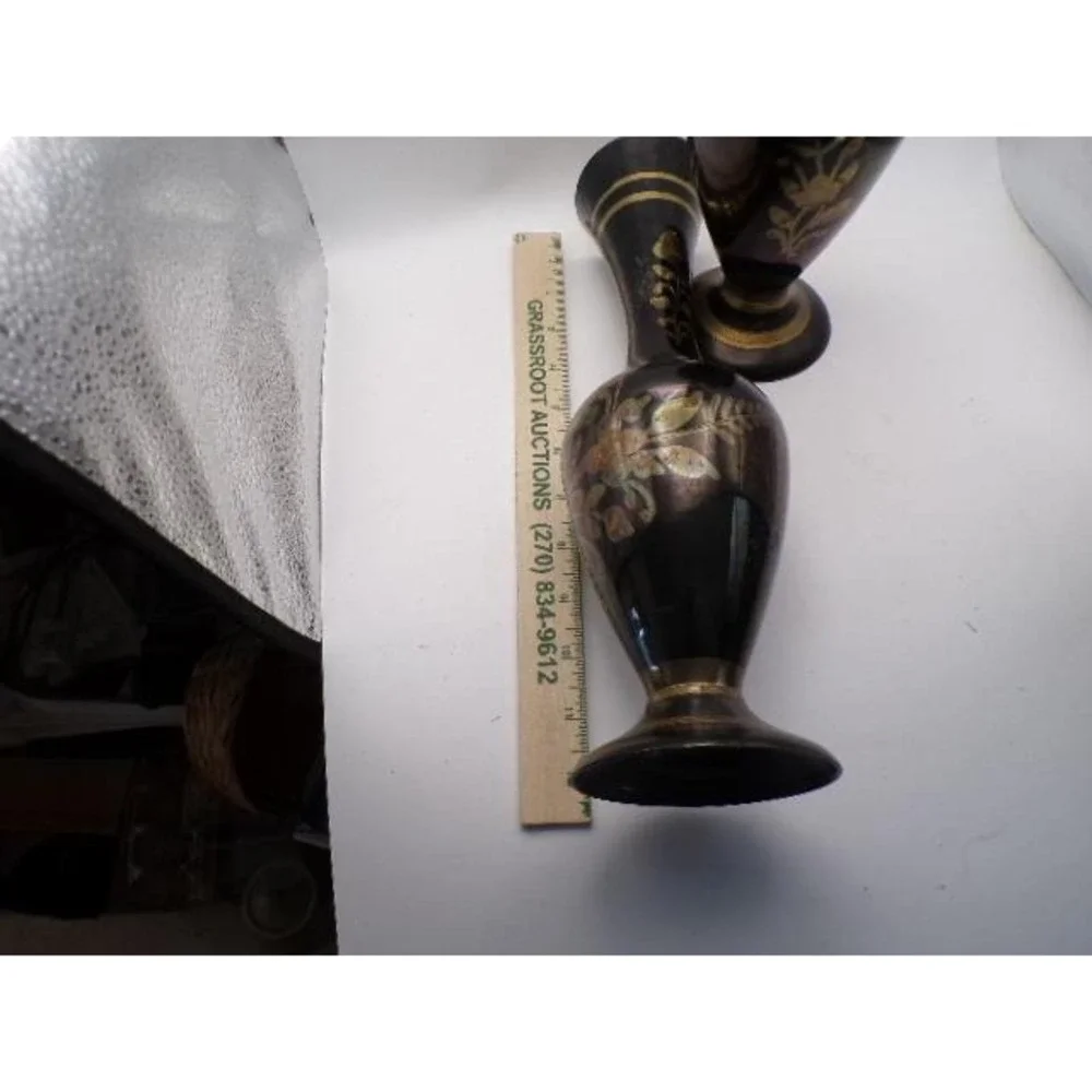 Pair Vintage Brass Black‎ Etched Floral Vases Decorative Accent Table Decor